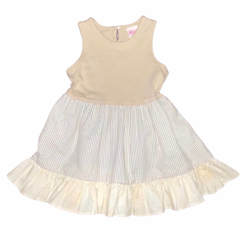 6/9m Ricrac & Ruffles Baby Girls Boutique Tan Ivory Seersucker Neutral Dress